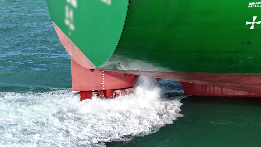Propeller of large ship underwater spinning power working and water splash contrail . Close up image detail of Propeller ship, Logistics Transportation industry express technology of ship. Freight