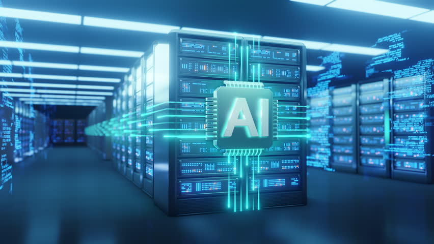 3D render: AI chip over server racks data center. Blue glowing digital lines, code. Represents artificial intelligence, machine learning, big data, cloud computing, future tech, network, innovation.