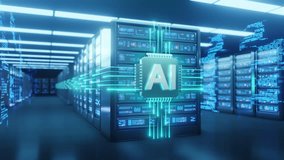 3D render: AI chip over server racks data center. Blue glowing digital lines, code. Represents artificial intelligence, machine learning, big data, cloud computing, future tech, network, innovation. - Powered by Shutterstock - Get 15% off with code: PIKWIZARD15