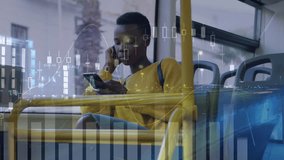 Animation of data processing over african american woman using smartphone in bus. global business, finances, connections and digital interface concept digitally generated video. - Powered by Shutterstock - Get 15% off with code: PIKWIZARD15