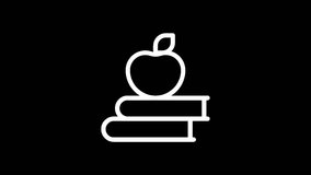 A simple white icon of an apple on top of two books, set against a stark black backdrop, symbolizing education. - Powered by Shutterstock - Get 15% off with code: PIKWIZARD15