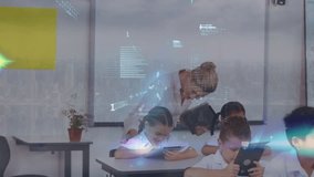 Animation of mathematical equations over students using students using laptop in classroom. Global business data processing digital interface technology and networking concept digitally generated - Powered by Shutterstock - Get 15% off with code: PIKWIZARD15