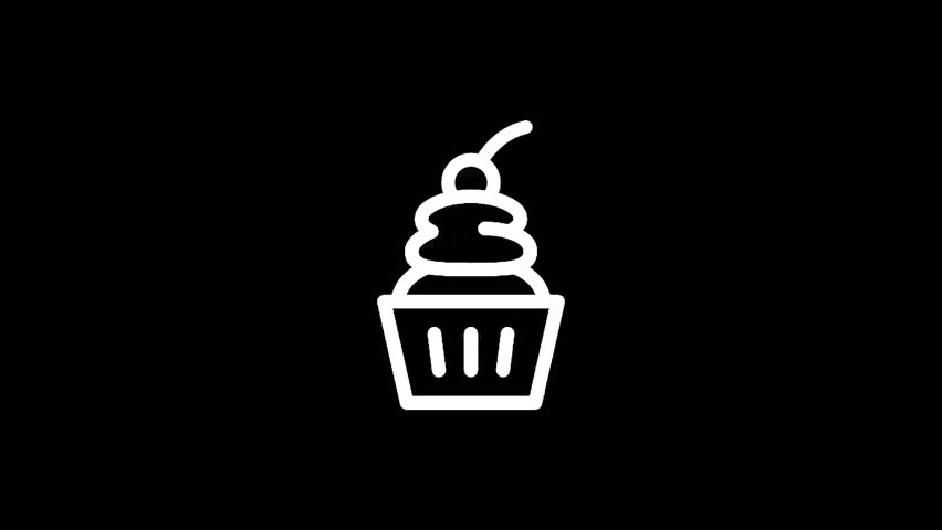 A simple white cupcake icon with a cherry on top is centered against a stark black background, perfect for design.