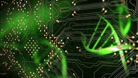Animation of computer circuit board over dna strand on black background. Global technology, computing and digital interface concept digitally generated video. - Powered by Shutterstock - Get 15% off with code: PIKWIZARD15
