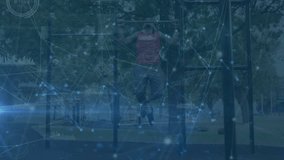 Animation of network of connections over caucasian man exercising outdoors. Sport, fitness, active lifestyle and technology concept digitally generated video. - Powered by Shutterstock - Get 15% off with code: PIKWIZARD15