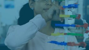 Animation of digital clock over girl rotating and looking at model of dna helix. Digital composite, multiple exposure, time, anatomy, medical, molecule, healthcare, childhood and technology. - Powered by Shutterstock - Get 15% off with code: PIKWIZARD15