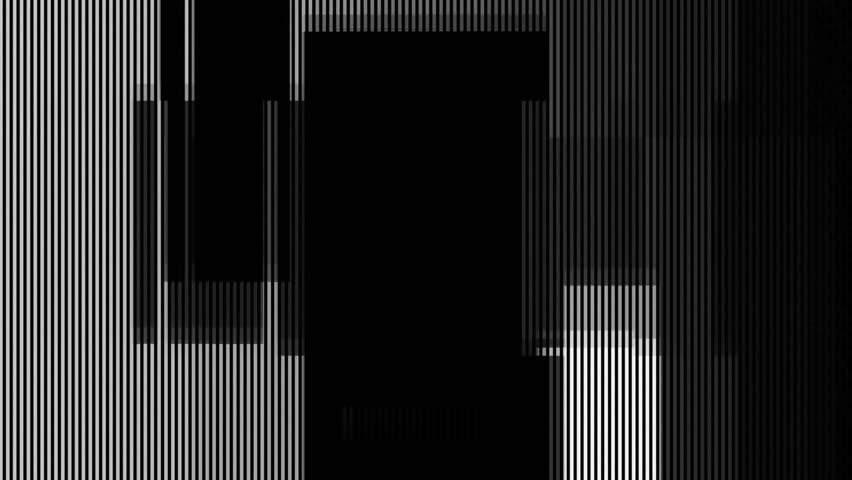 Fast black and white glitch transition with high contrast distortion and digital noise.