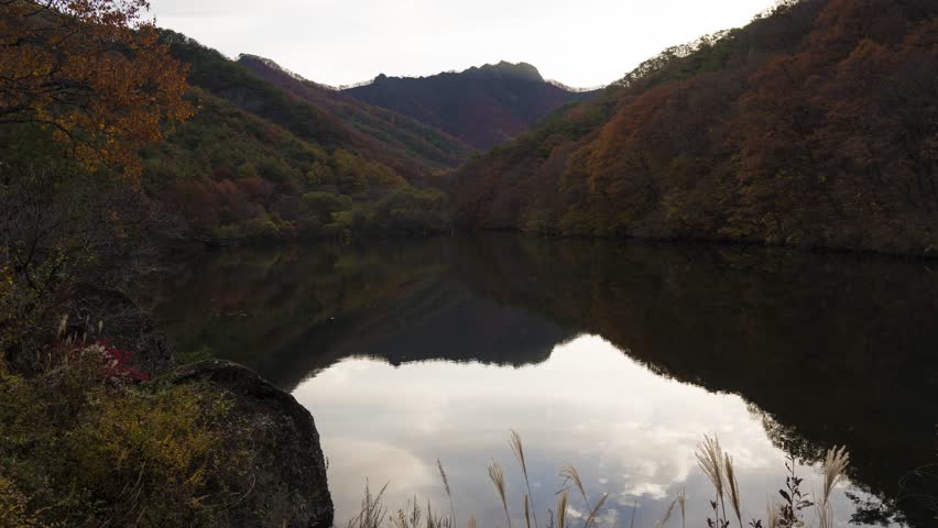 Beautiful lake scenery colored with autumn leaves