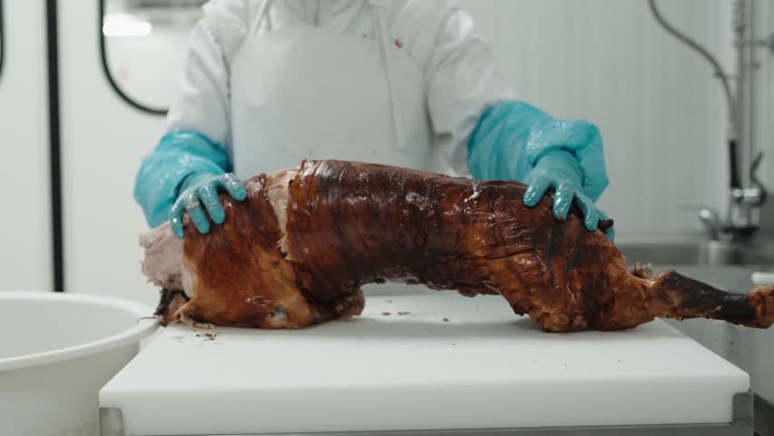 gloved hands tearing skin from roasted suckling pig