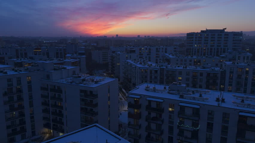 Sunset Over Warsaw Cityscape In Poland - Drone Shot