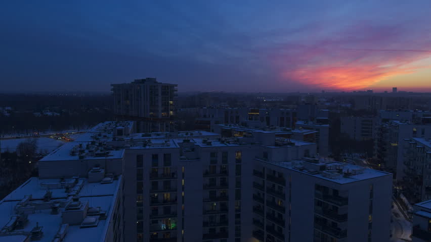 Sunset Over Buildings In Warsaw, Poland - Panning Shot
