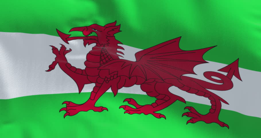 The Wales flag waving in the wind. Red dragon on a field of white and green horizontal stripes. Seamless 3d render animation. Slow motion loop. Selective focus