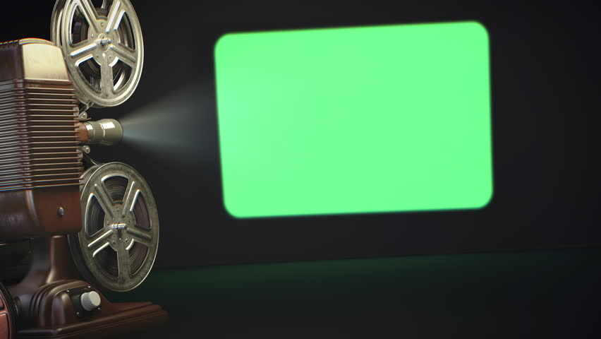 Retro vintage movie film projector with chroma key green screen background. 3d video animation