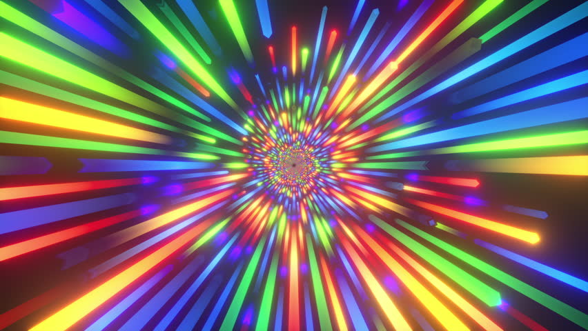 High-speed flight through a kaleidoscope of neon beams in rainbow colors. Dynamic abstract animation loop with intense light. 3D render VJ loop animation.