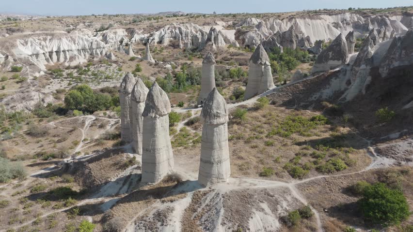 Cappadocia natural rock formations fairy chimneys in the Love Valley Turkey, aerial drone
