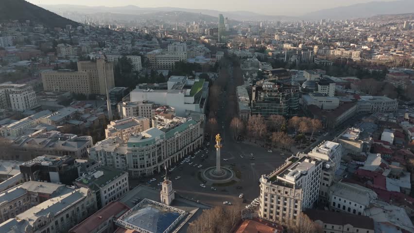 Aerial View of Freedom Square Roundabout and Traffic in Tbilisi City, Georgia