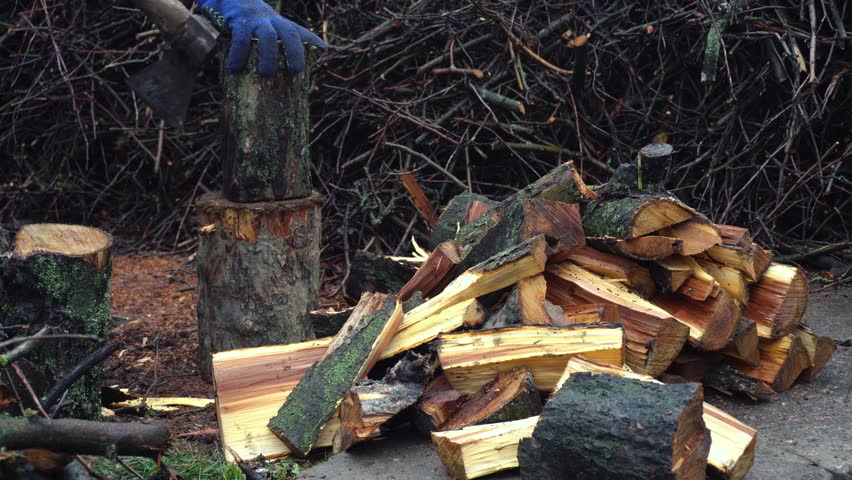 preparing for winter chopping stumps for firewood to heat the house