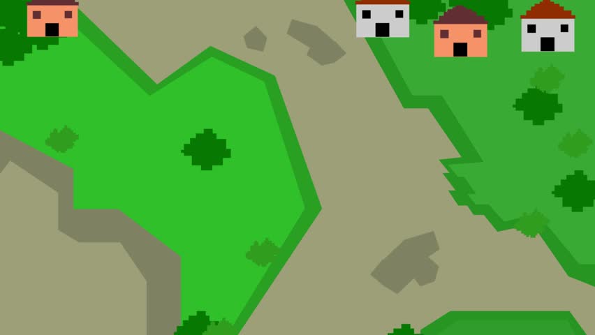 Animated video in old pixel art style of various war tanks passing through a village with houses, pixel art, animation.