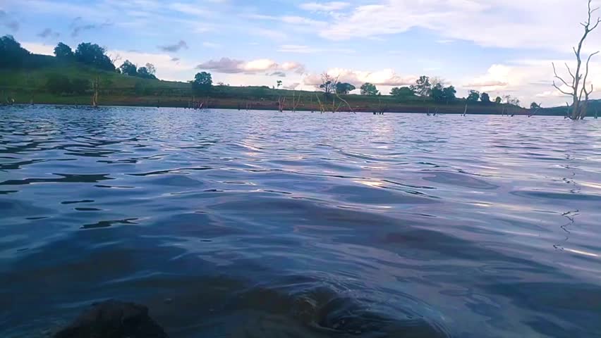 Calm lake surface with gentle ripples during late afternoon. Soft evening light reflects on the water, creating a peaceful and relaxing natural scene.