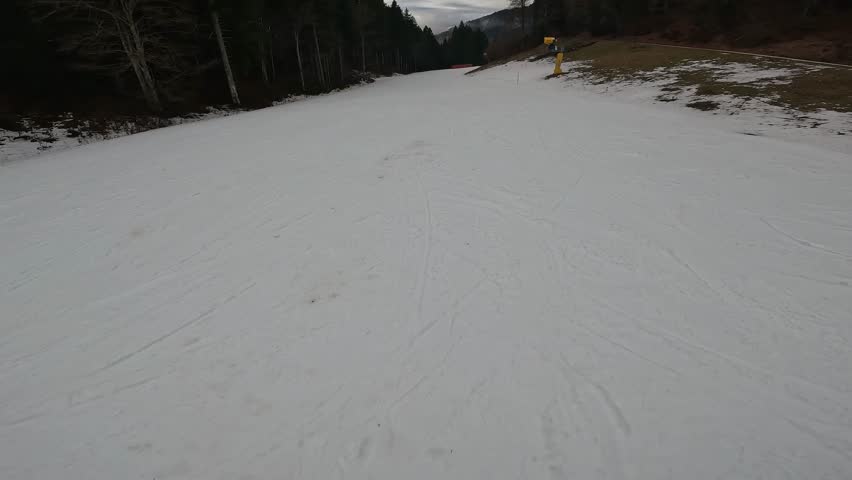 First Person View Skiing Downhill on White Piste in Folgaria Ski Area Italy Winter Sports
