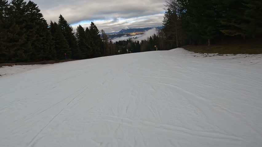 POV Skiing on Empty Piste in Folgaria Alps with Scenic Cloud Inversion in Valley Winter Sport Italy