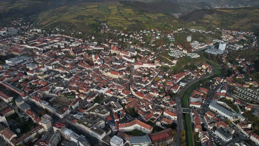 Aerial panoramic view around the old town city Krems an der Donau in Austria on a sunny autumn morning day