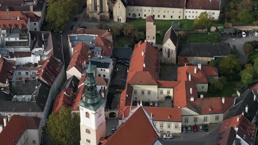 Aerial panoramic view around the old town city Krems an der Donau in Austria on a sunny autumn morning day