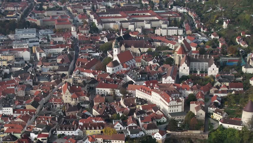 Aerial panoramic view around the old town city Krems an der Donau in Austria on a sunny autumn morning day