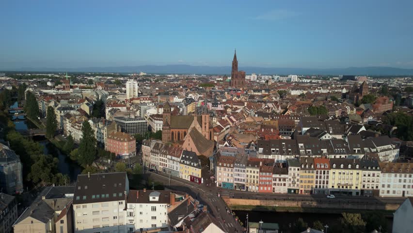 Aerial view of Strasbourg, France, highlighting the historic cathedral and vibrant cityscape