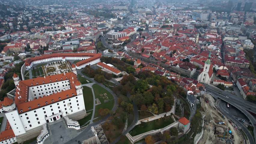 Aerial view around the city capitol Bratislava in Slovakia on a cloudy autumn day.
