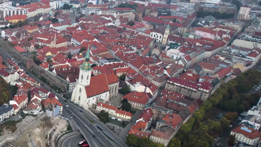 Aerial view around the city capitol Bratislava in Slovakia on a cloudy autumn day.