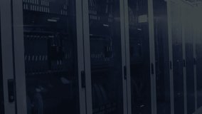 On startup fading green map wireframe over racks, pulsing shimmer crossing map showing network flow. Technology, networking, data, digital, infrastructure, futuristic, connectivity - Powered by Shutterstock - Get 15% off with code: PIKWIZARD15