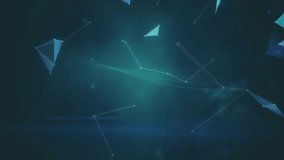 Scattered triangles floating then joining into spinning globe with data arcs showing global network. Futuristic, technology, connectivity, digital, abstract, cyber, innovation - Powered by Shutterstock - Get 15% off with code: PIKWIZARD15