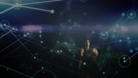 Male basketball player raising ball and shooting for rim, analytics overlay tracking shot arc. Athlete, court, neon, futuristic, data, network, metrics - Powered by Shutterstock - Get 15% off with code: PIKWIZARD15