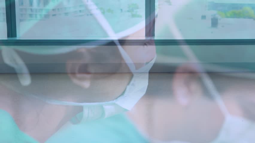 Animation of squares over caucasian female doctor with face mask and gloves statistical data processing. Medical science and futuristic technology concept.