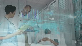 Data processing over caucasian male doctor and female health worker discussing reports at hospital. Medical healthcare and technology concept - Powered by Shutterstock - Get 15% off with code: PIKWIZARD15