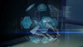 Animation of network with medical icons and over man using interface processing data. Global communication, science, medical services, data and digital interface concept digitally generated video. - Powered by Shutterstock - Get 15% off with code: PIKWIZARD15