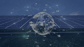 Animation of globe with network of connections over solar panels. Global business and digital interface concept digitally generated video. - Powered by Shutterstock - Get 15% off with code: PIKWIZARD15