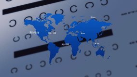 Animation of multiple numbers floating over world map against data processing on grey background. Global networking and business technology concept - Powered by Shutterstock - Get 15% off with code: PIKWIZARD15