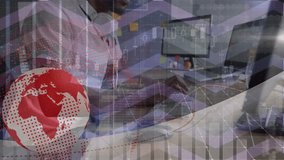 Animation of globe and financial data processing over woman in statistical. Global business connections and data processing concept digitally generated video. - Powered by Shutterstock - Get 15% off with code: PIKWIZARD15