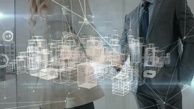 Animation of network of connections with cityscape over diverse business people in office. Global connections, business, finance, computing and data processing concept digitally generated video. - Powered by Shutterstock - Get 15% off with code: PIKWIZARD15