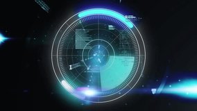 Animation of neon round scanner, data processing and blue light spots against black background. Computer interface and business technology concept - Powered by Shutterstock - Get 15% off with code: PIKWIZARD15