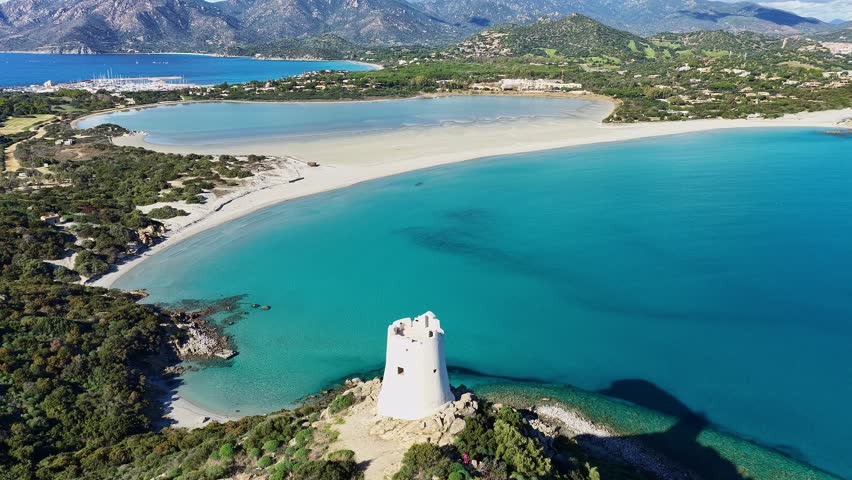 Aerial view to Porto Giunco, Villasimius, Cagliari, Sardinia, Italy