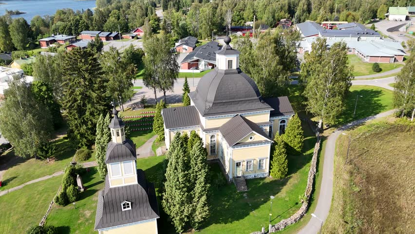 Small town wooden church in summer Finland