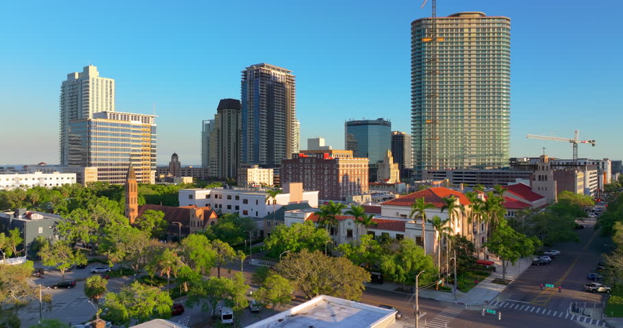 Elevated view of downtown St. Petersburg, Florida. Urban development and waterfront skyline on a sunny coast.