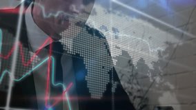 Animation of financial graphs over hands of caucasian businessman using smartphone and clock. Business, connections, communication and working with technology concept digitally generated video. - Powered by Shutterstock - Get 15% off with code: PIKWIZARD15