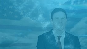 Animation of dna strand, flag of usa, connections and data processing over businessman. Global business, finances, connections, computing and data processing concept digitally generated image. - Powered by Shutterstock - Get 15% off with code: PIKWIZARD15