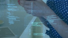 A woman is using her mobile phone in a cafe. Global technology connections and data processing concept digitally generated video. - Powered by Shutterstock - Get 15% off with code: PIKWIZARD15