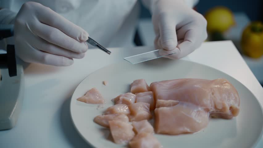 Close-up of a laboratory technician preparing a chicken meat sample for microscopic examination. Process of analyzing food products for bacteria and quality standards in a scientific environment