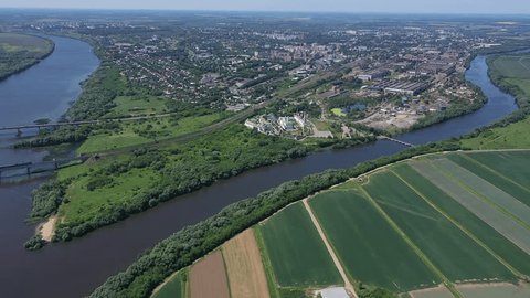 Aerial Drone Approaching Church Complex by River